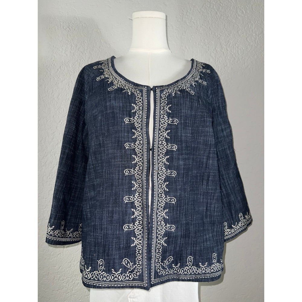 Embroidered Indigo Blue Linen Blend Open Front Jacket 3/4 Sleeve Cardigan Blouse
